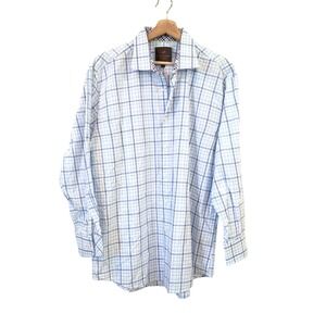Tattersall London Mens XL Blue White Plaid 100% Cotton Button Down Shirt Career